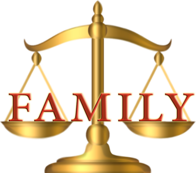 graphic of scales of law with the word "family" balanced on them